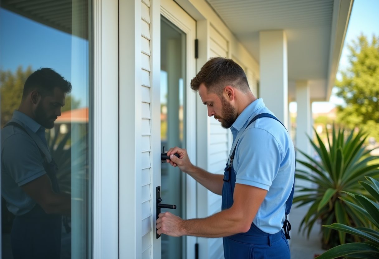 Locksmith fitting a new lock to a coastal cottage door — Cheltenham